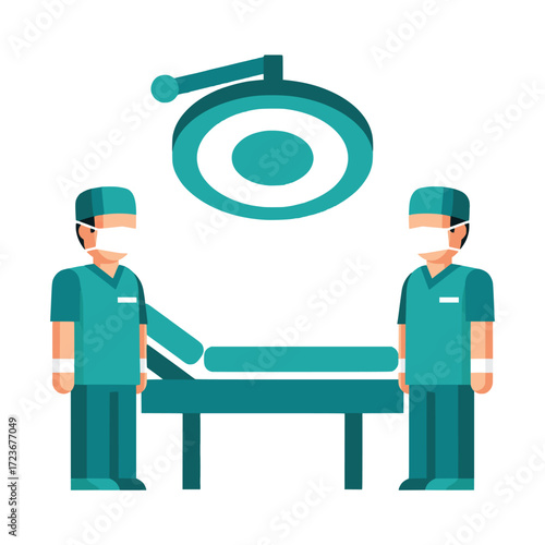 Medical professionals in surgical attire standing near an operating table beneath a surgical light