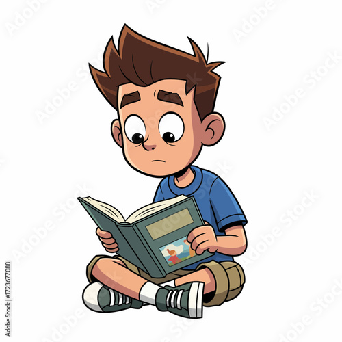 Cartoon Boy with Brown Hair CrossLegged Reading a Book with Concern.
