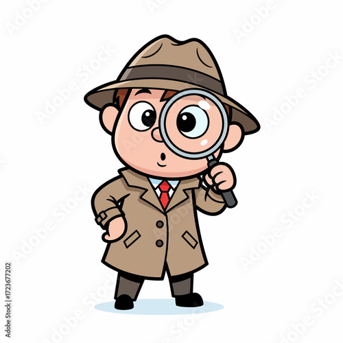 Cartoon Detective Boy with Magnifying Glass and Brown Trench Coat.
