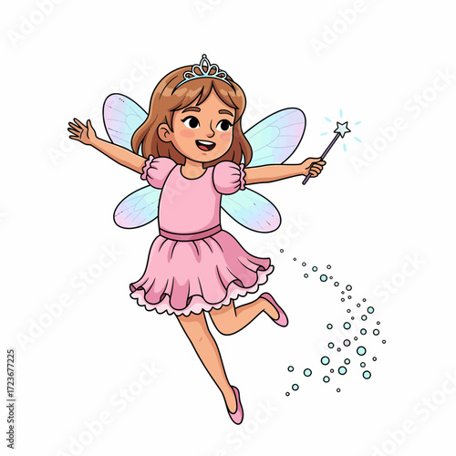 Cartoon Fairy with Tiara Wings Magic Wand and Pink Dress.