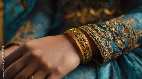 Elegant hand adorned with intricate golden bracelet, wearing richly embroidered blue fabric, showcasing detailed patterns and luxurious texture in cultural attire.
