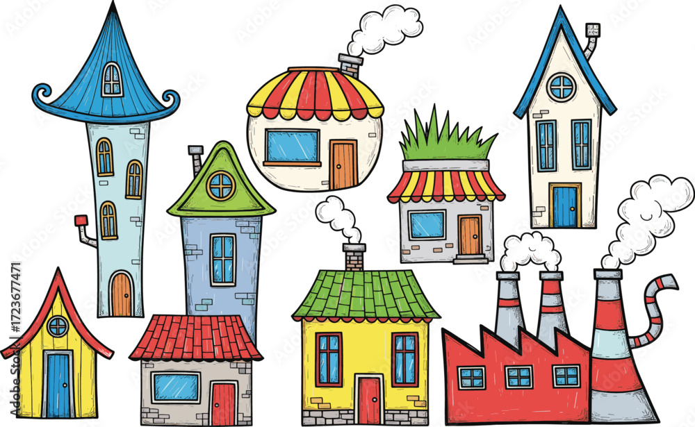 Fototapeta premium Whimsical cartoon buildings with playful architecture, colorful rooftops, fantasy structures, hand-sketched style, imaginative vector illustration on white background
