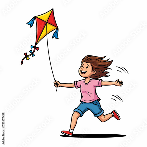 Cartoon girl running with a red yellow and blue diamond kite.