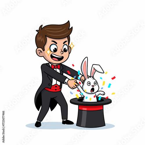Cartoon Magician Pulling a Startled Rabbit from a Classic Top Hat.