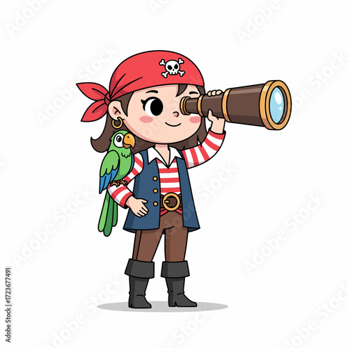 Cartoon Pirate Girl with Red Bandana and Parrot Looking Through Spyglass.