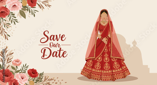 Indian bride in traditional red attire posing with floral decorations  