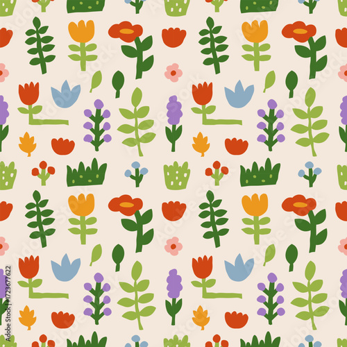 Seamless floral pattern with colorful hand drawn flowers, leaves, plants, garden elements in modern naive style. Bright decorative botanical vector background for textile, wallpaper, wrapping.