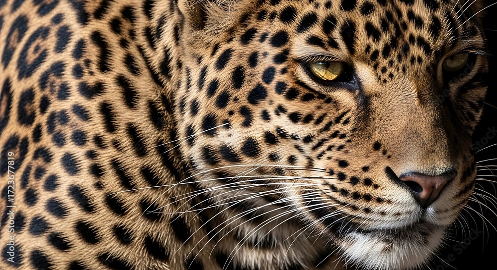 Fototapeta premium Close-up of a majestic leopards face, showcasing its intricate spotted fur and piercing yellow eyes.
