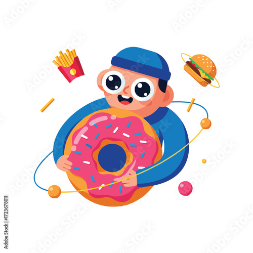 Cute Cartoon Character Holding a Giant Donut Surrounded by Fast Food Icons