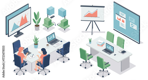 Modern office workspace with colleagues analyzing graphs in an isometric design