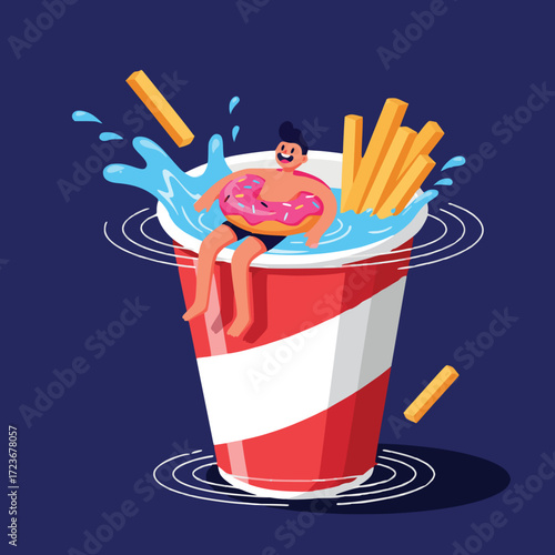 Sweet Escape Man Relaxing in a Drink Cup with Donut Float and Fries