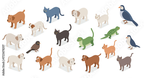 Collection of isometric pets including dogs, cats, birds, and reptiles in various colors and poses