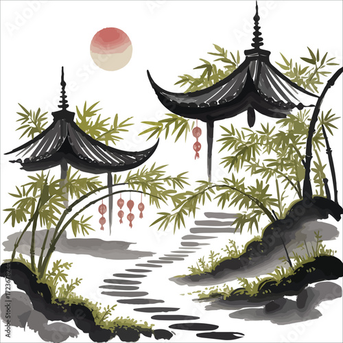 Tranquil Pagodas at Sunset Serene Bamboo Courtyard at Sunset