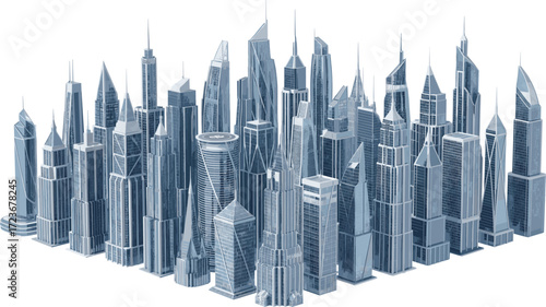 Futuristic cityscape with modern skyscrapers, architectural diversity, urban planning, glass towers, helipad rooftop, twisted building, digital skyline illustration