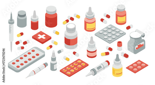 Isometric medical supplies: colorful pills, tablets, and bottles on white background