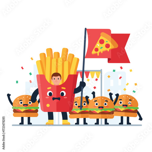 Fast Food Parade Featuring Cheeseburgers and French Fries Carrying a Pizza Flag