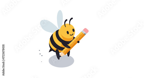 Cute bee character holding pencil in simple cartoon style for creative concepts