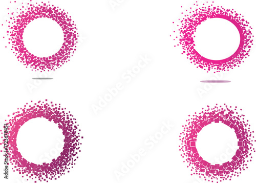 Four abstract circular frames composed of pink and magenta pixelated particles, creating a sense of dynamic movement and digital art.