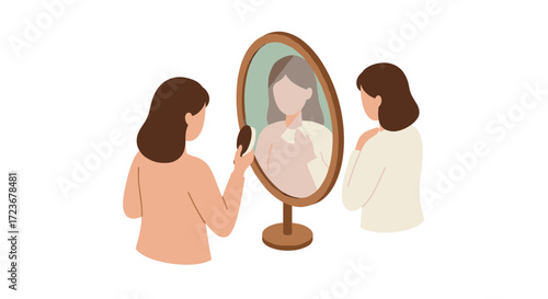 Woman in beige outfit brushing hair in front of oval mirror