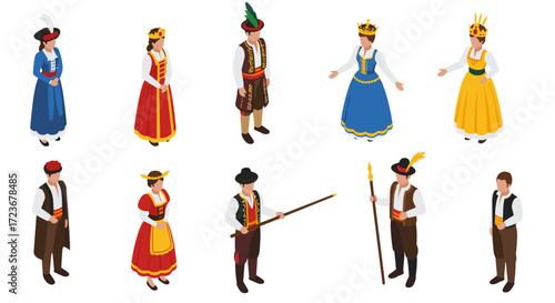 Traditional european costumes isometric design set: diverse cultural attire