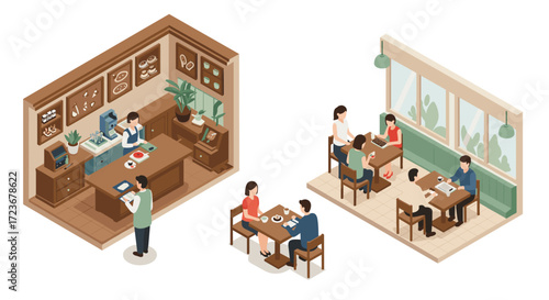 Isometric coffee shop and restaurant interior with customers and staff