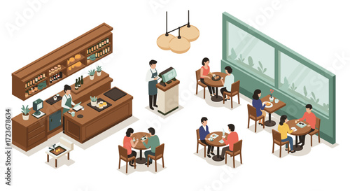 Cozy isometric cafe scene with customers and staff in modern seating area