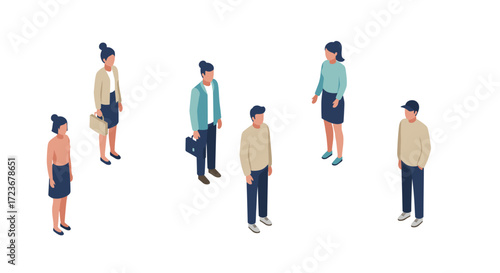 Isometric business people communicating in casual office attire on white background