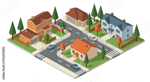 Charming suburban neighborhood in isometric style with colorful houses and tree-lined streets