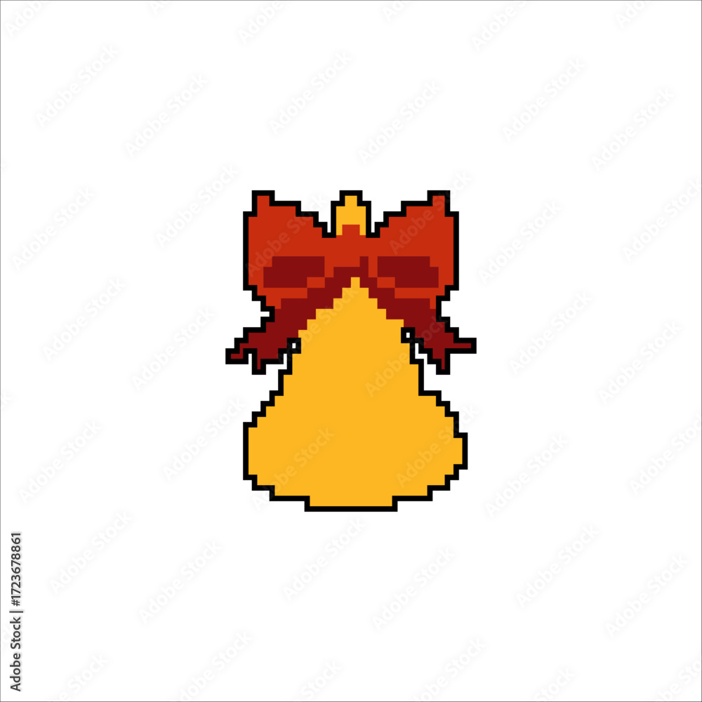 Fototapeta premium Retro pixel art bell with red bow for holiday decorations and festive designs Retro 8bit game style Xmas icon isolated on white background