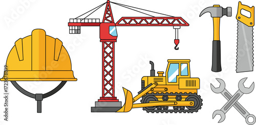 Cartoon construction tools and vehicles set with helmet, crane, bulldozer, hammer, saw, wrenches for engineering and building themes