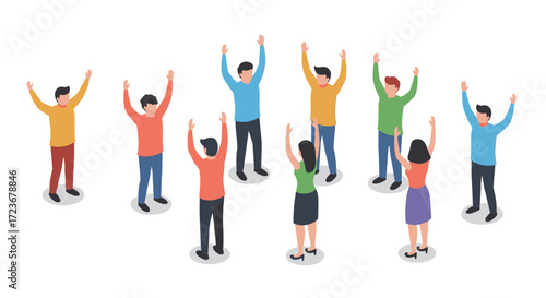 Diverse group of people celebrating together in isometric style