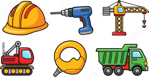 Cartoon construction equipment set with helmet, drill, crane, excavator, cable reel, and dump truck for building site themes
