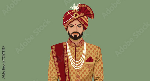 Man wearing traditional Indian attire with turban and jewelry  