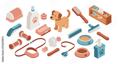 Isometric pet care essentials with cute dog and grooming accessories