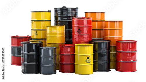 Hazardous waste drums stacked in warehouse background isolated on a Transparent background, PNG file.