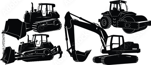 Silhouette set of heavy construction machinery with bulldozer, crawler tractor, road roller, and excavator in black for site themes