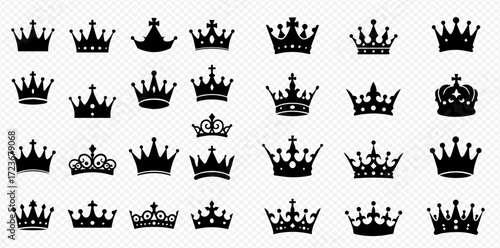 Collection of diverse crown silhouettes, varying in style, size, and ornamentation, arranged on a transparent background.