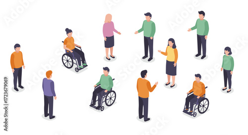 Isometric diverse group of people including individuals in wheelchairs engaged in conversation