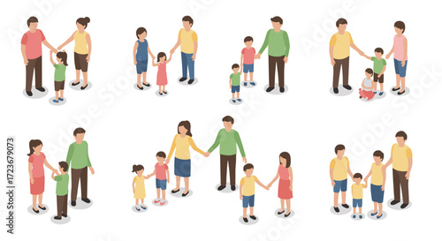 Diverse family groups engaging in various activities in isometric style