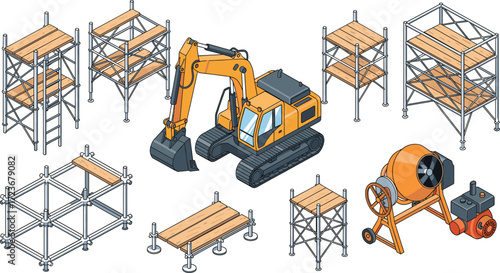 Isometric construction equipment illustration with excavator, scaffolding structures, concrete mixer, and site preparation tools for building and engineering