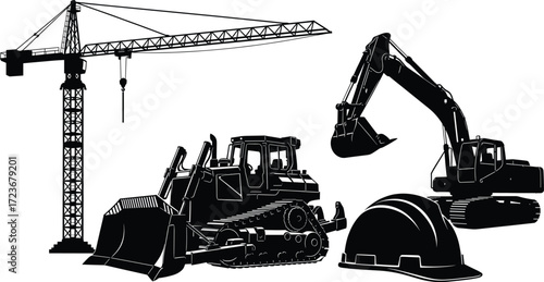 Construction silhouette set with crane, bulldozer, excavator, and safety helmet in black for engineering, building, and site safety themes