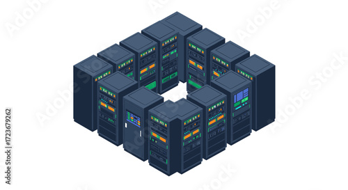 Futuristic isometric data center with multiple server racks in a circular arrangement