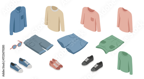Isometric casual clothing set with shoes and accessories