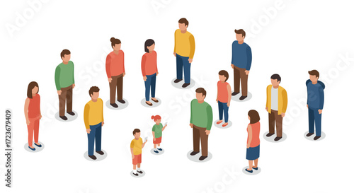 Diverse group of people in casual clothing standing in isometric style on white background