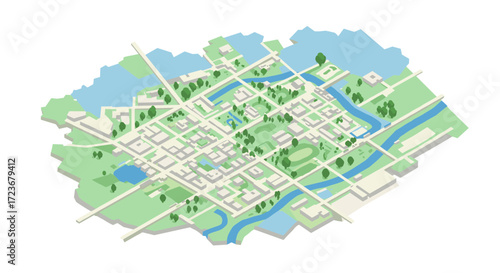 Isometric city map with green parks and water features