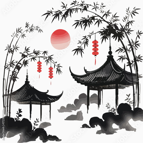 Tranquil Pagodas at Sunset Serene Bamboo Courtyard at Sunset