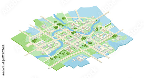 Isometric urban plan with waterways and green spaces