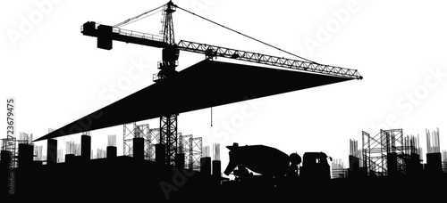 Construction site silhouette with tower crane, scaffolding, concrete mixer truck, and machinery in black for building and engineering themes