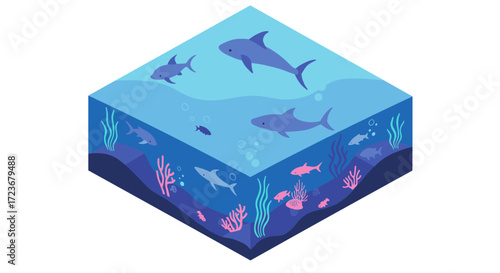 Isometric ocean scene with sharks and coral reefs in a vibrant underwater cubic design