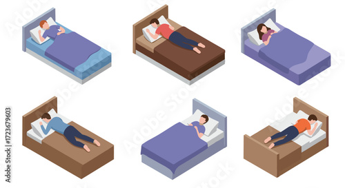 Isometric sleeping poses: people resting on beds in various positions